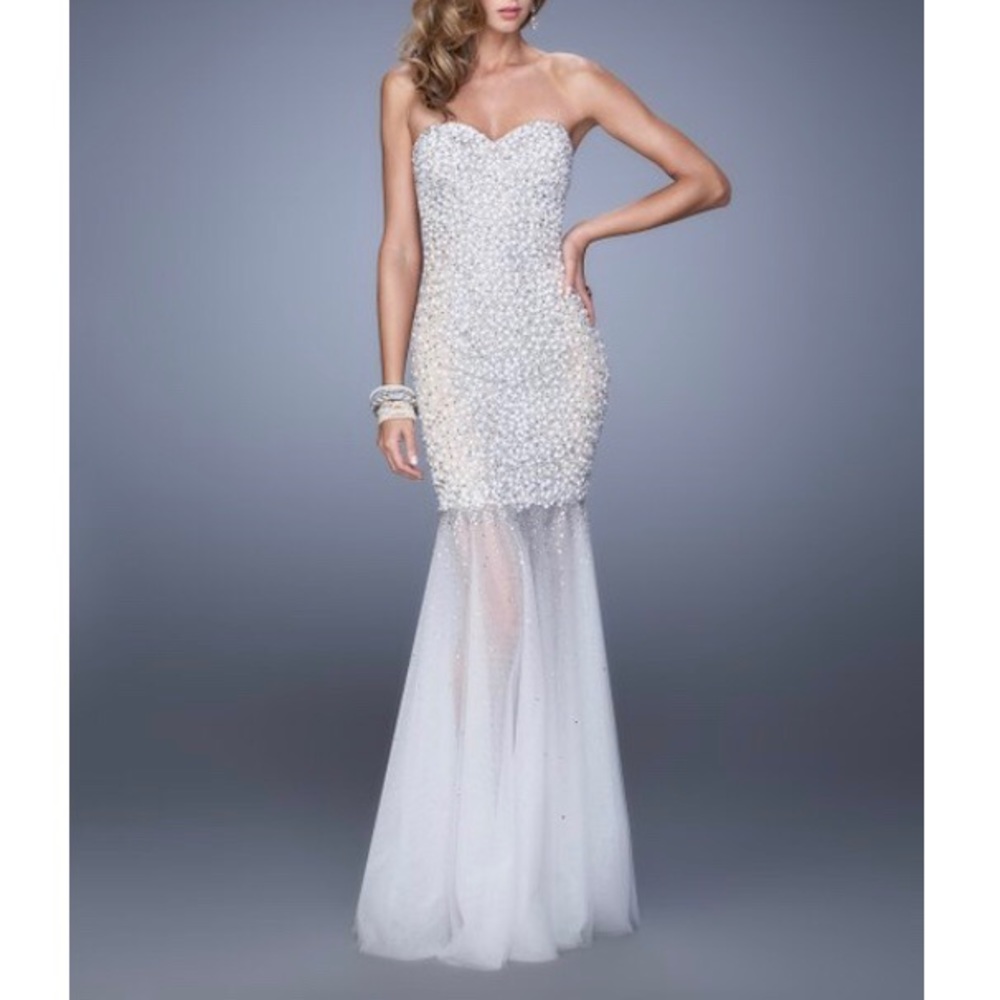 White Pearl & Rhinestone Embellished Gown